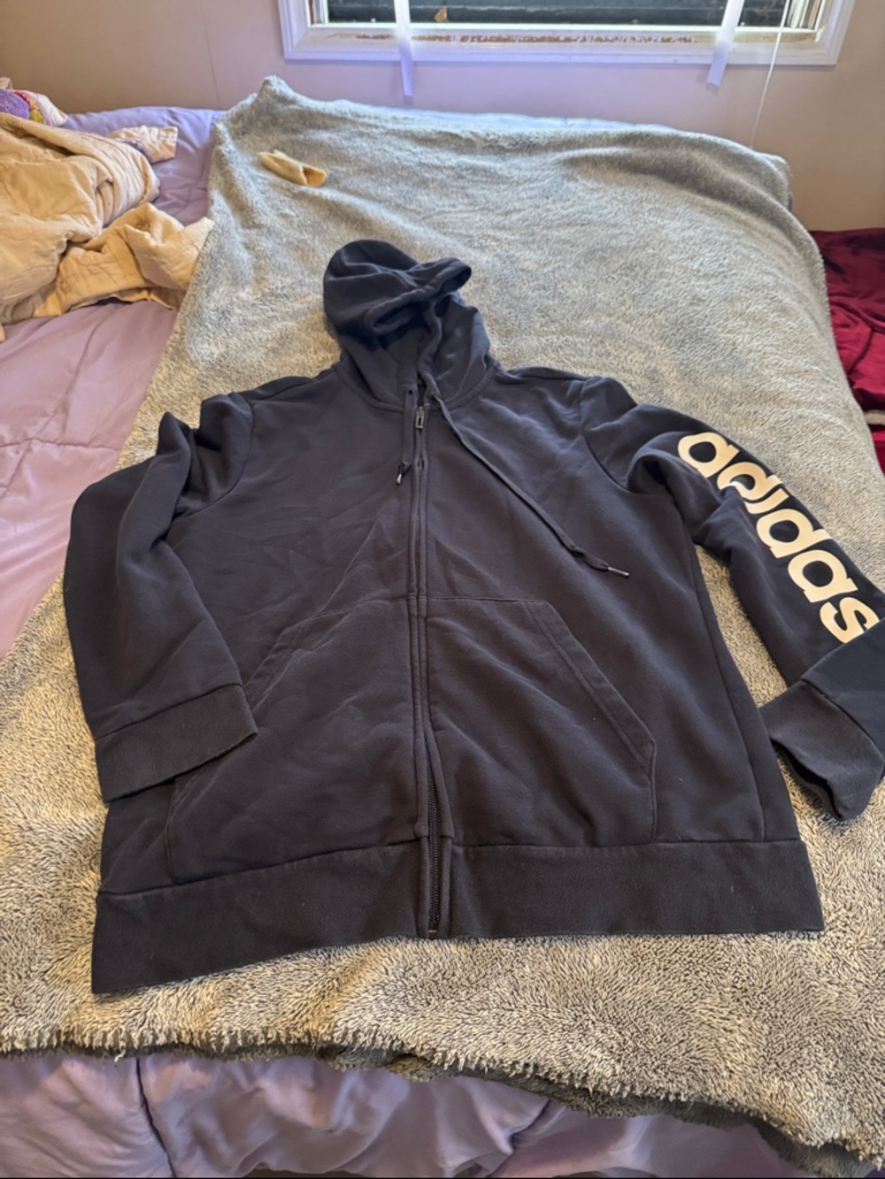 Adidas Navy Blue Full-Zip Hoodie with Sleeve Logo